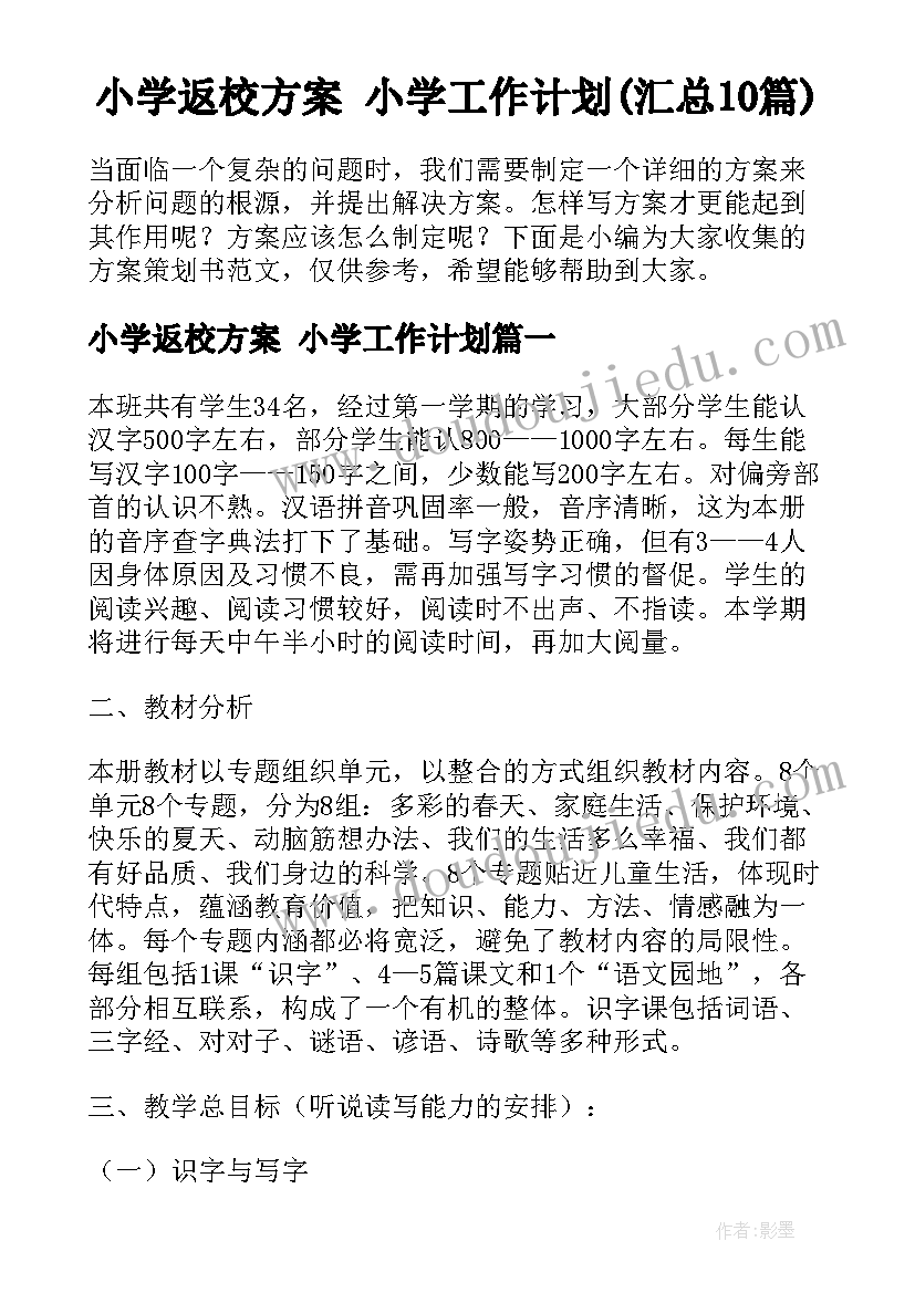 小学返校方案 小学工作计划(汇总10篇)