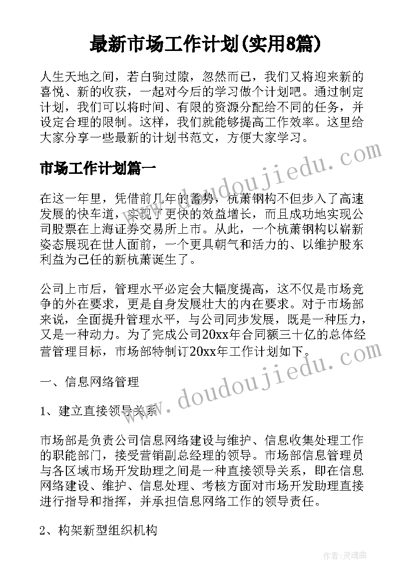 最新市场工作计划(实用8篇)