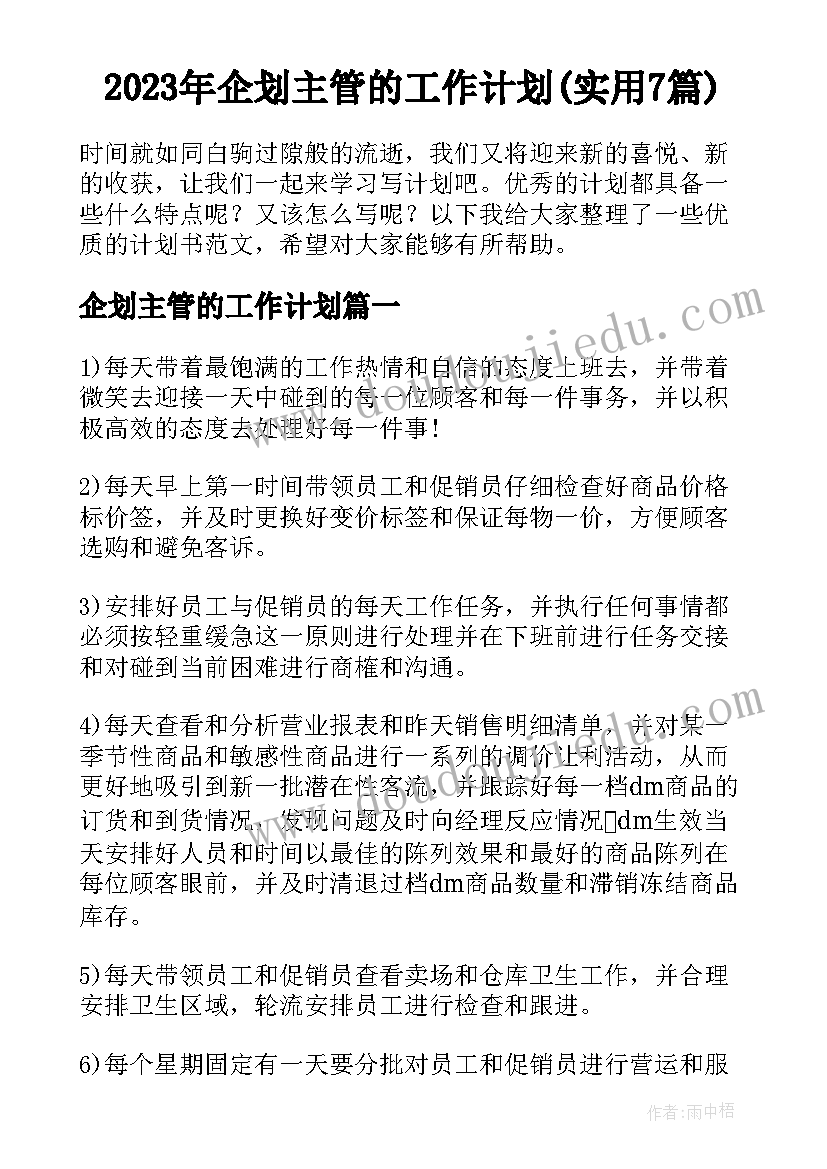 2023年企划主管的工作计划(实用7篇)