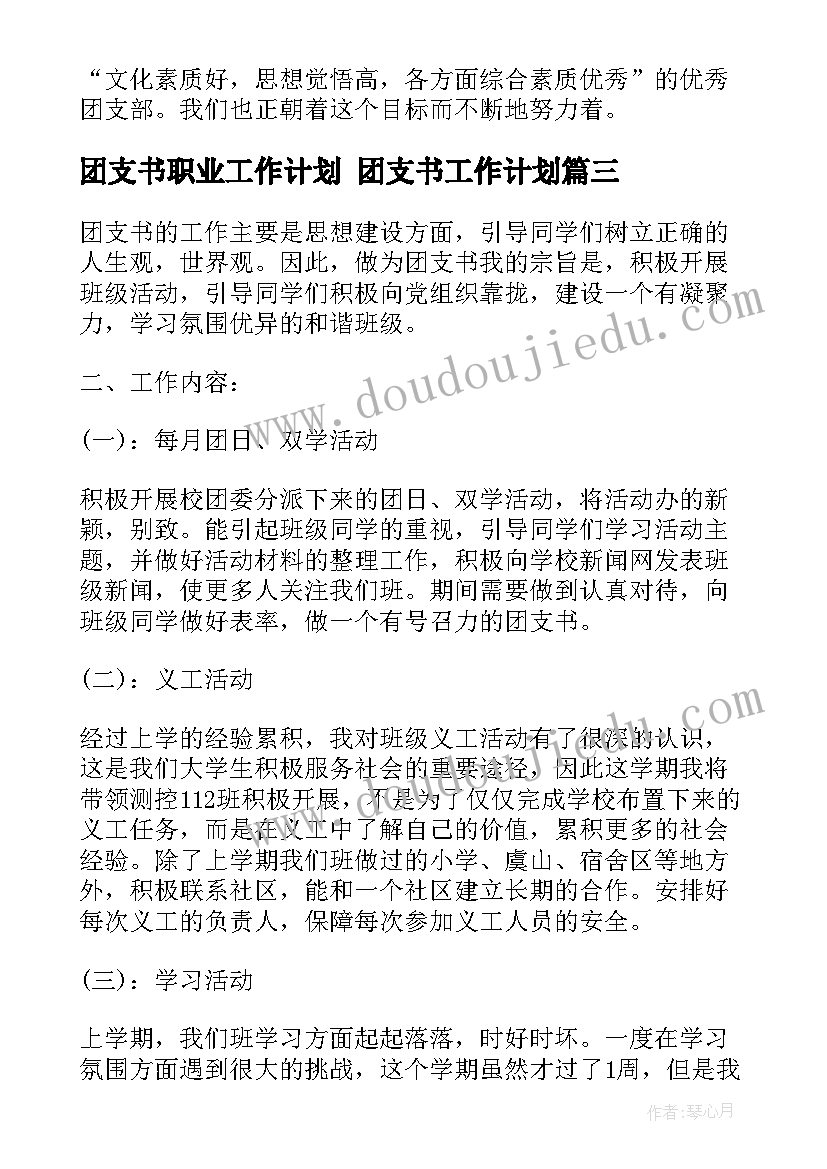 最新团支书职业工作计划 团支书工作计划(大全10篇)