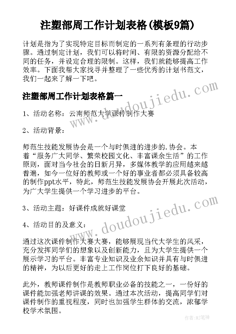 注塑部周工作计划表格(模板9篇)