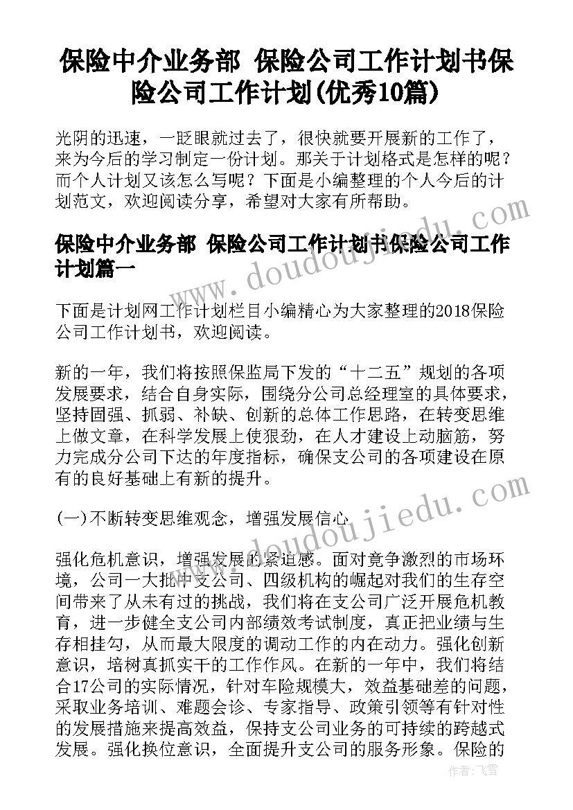 保险中介业务部 保险公司工作计划书保险公司工作计划(优秀10篇)