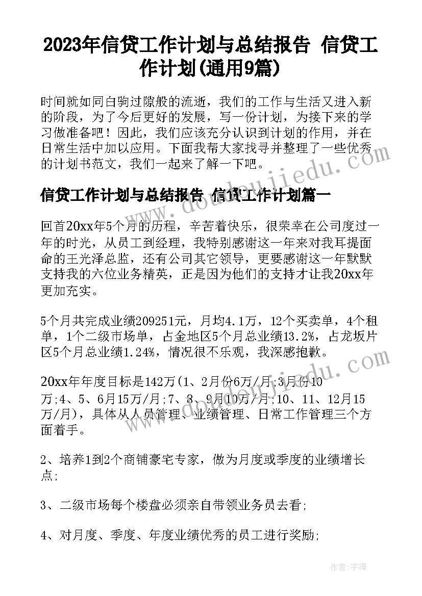 2023年信贷工作计划与总结报告 信贷工作计划(通用9篇)