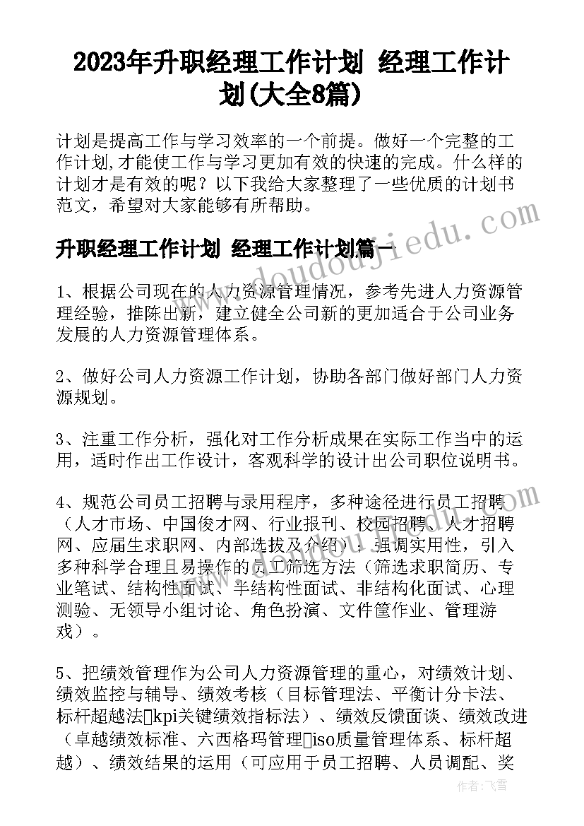 2023年升职经理工作计划 经理工作计划(大全8篇)