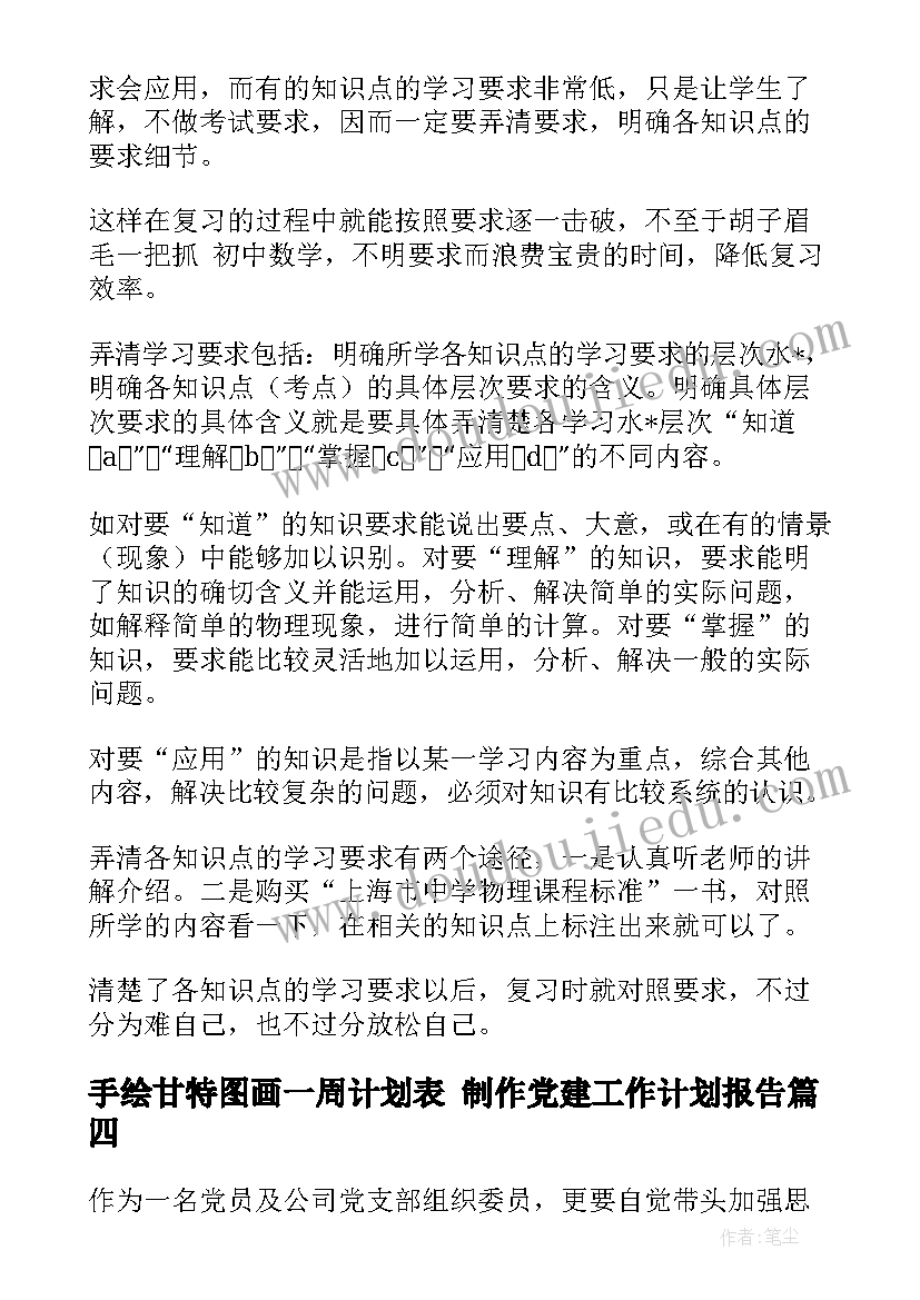 最新手绘甘特图画一周计划表 制作党建工作计划报告(优质8篇)