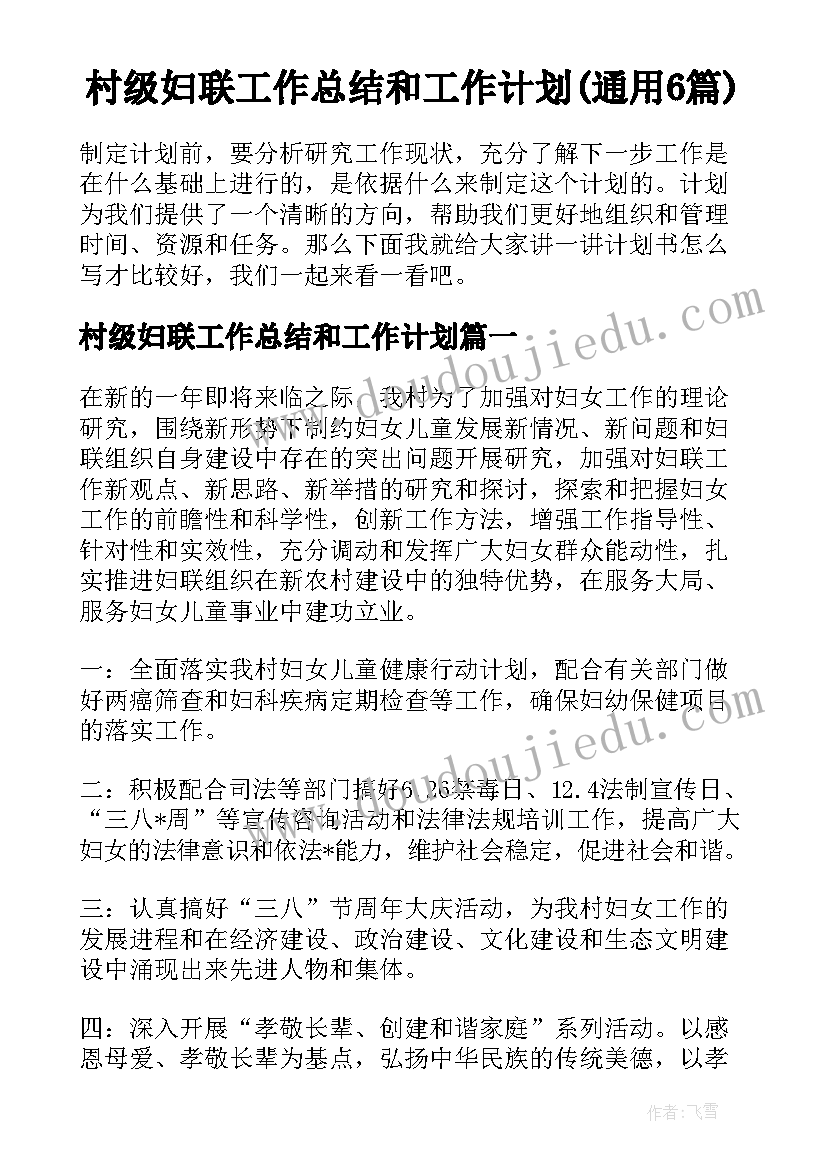 村级妇联工作总结和工作计划(通用6篇)