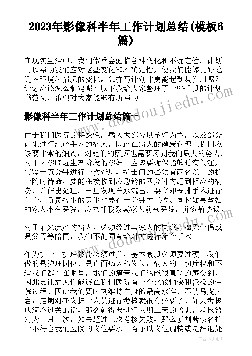 2023年影像科半年工作计划总结(模板6篇)