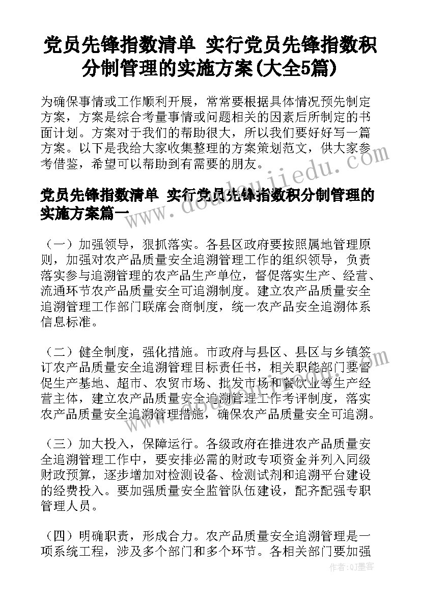 党员先锋指数清单 实行党员先锋指数积分制管理的实施方案(大全5篇)