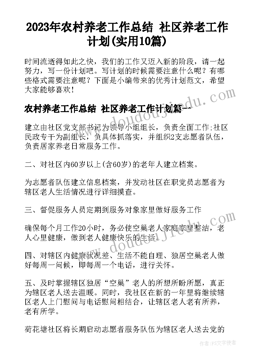 2023年农村养老工作总结 社区养老工作计划(实用10篇)