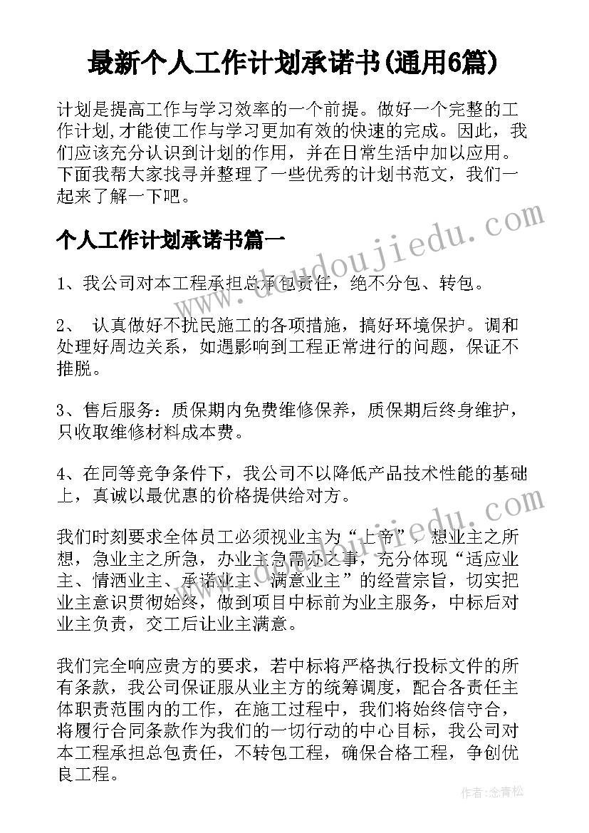 最新个人工作计划承诺书(通用6篇)