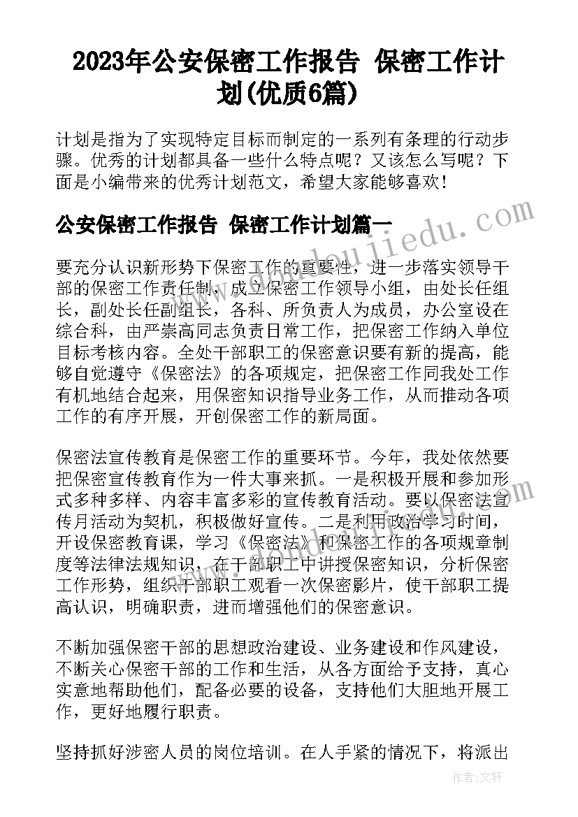 2023年公安保密工作报告 保密工作计划(优质6篇)