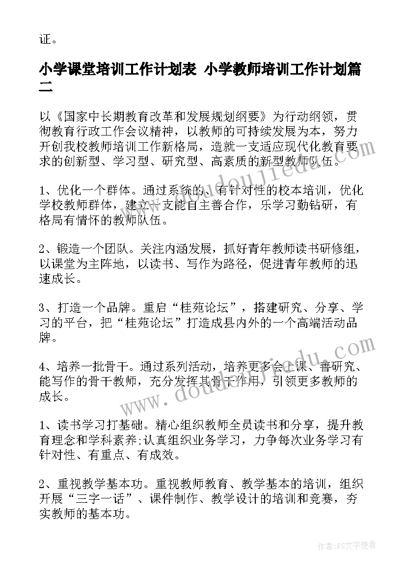 小学课堂培训工作计划表 小学教师培训工作计划(优质5篇)