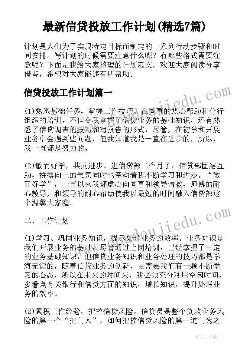 最新信贷投放工作计划(精选7篇)