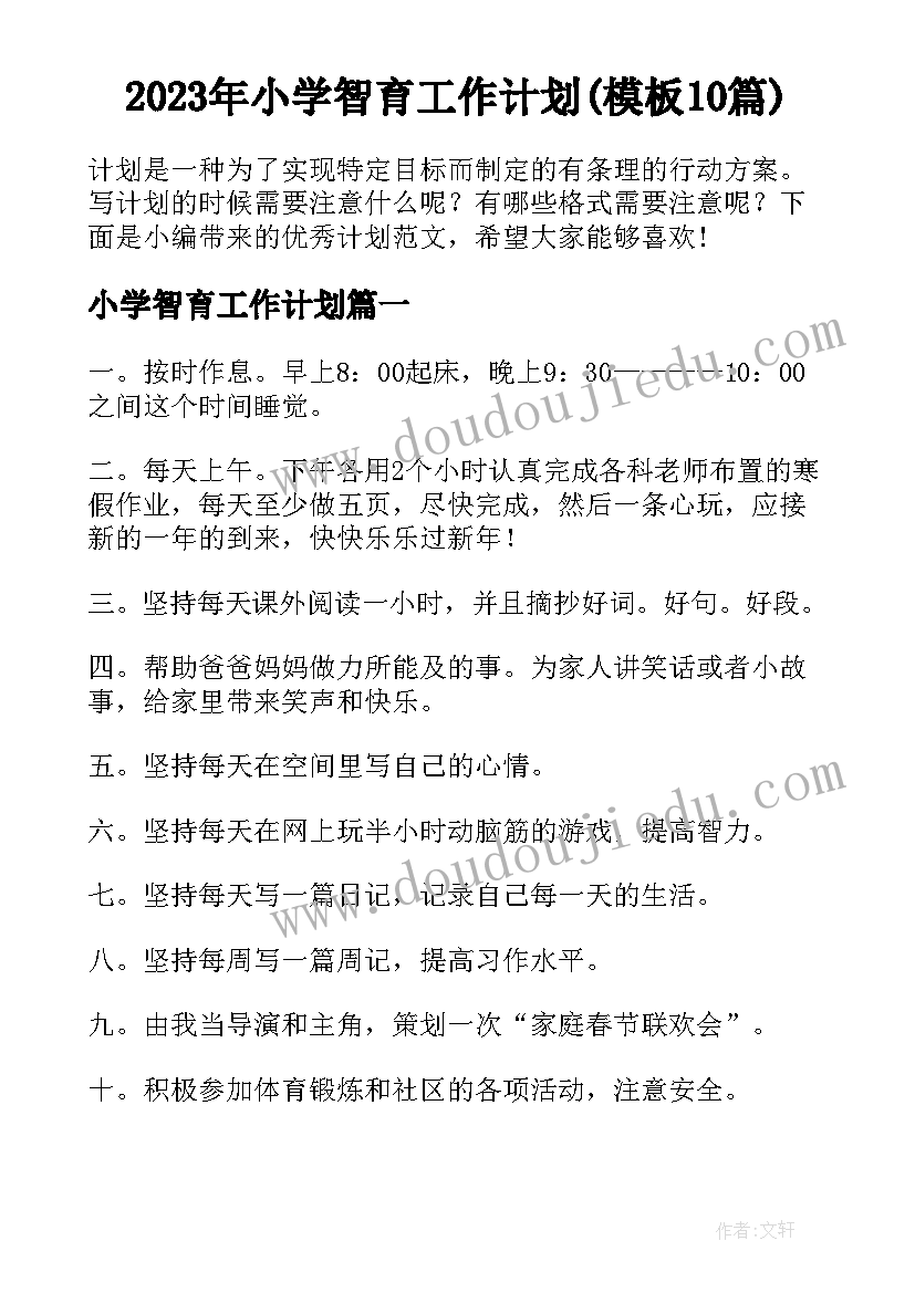 2023年小学智育工作计划(模板10篇)