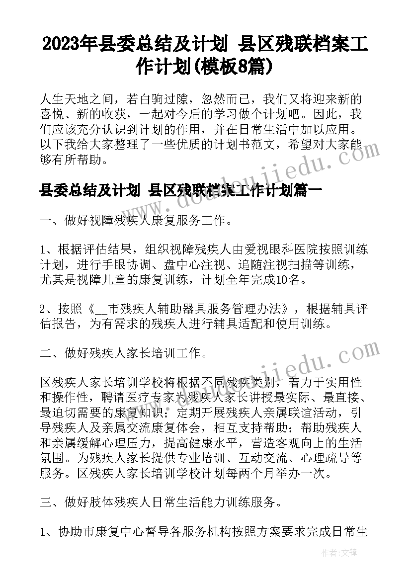 2023年县委总结及计划 县区残联档案工作计划(模板8篇)