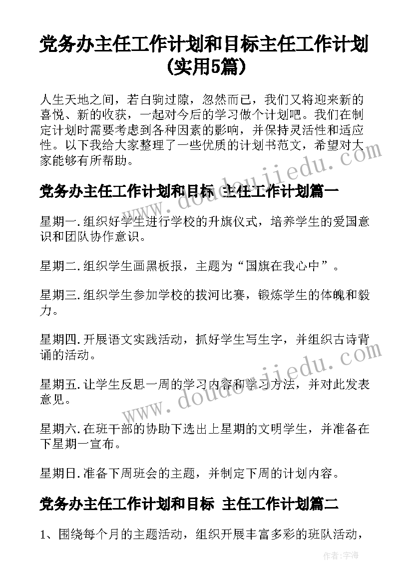 党务办主任工作计划和目标 主任工作计划(实用5篇)