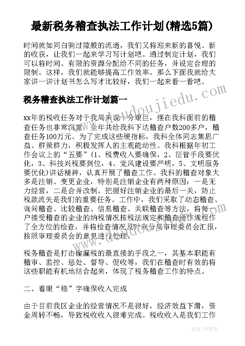 最新税务稽查执法工作计划(精选5篇)