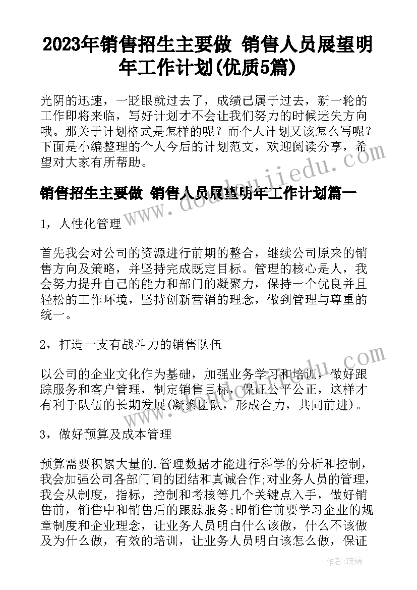 2023年销售招生主要做 销售人员展望明年工作计划(优质5篇)