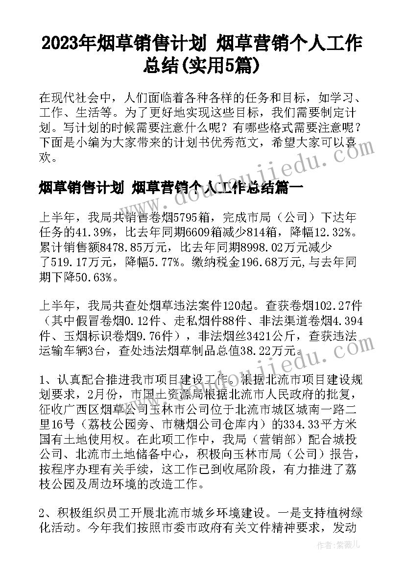 2023年烟草销售计划 烟草营销个人工作总结(实用5篇)