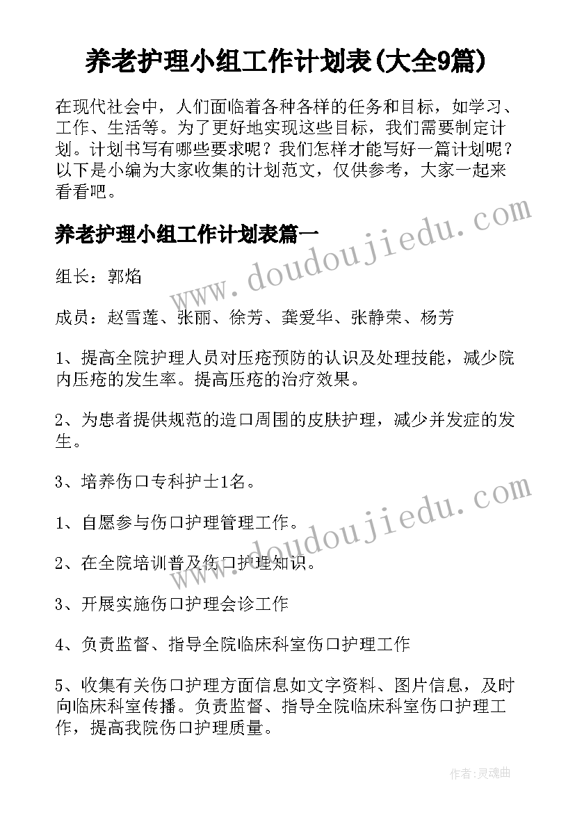 养老护理小组工作计划表(大全9篇)