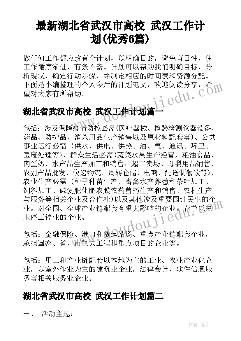 最新湖北省武汉市高校 武汉工作计划(优秀6篇)