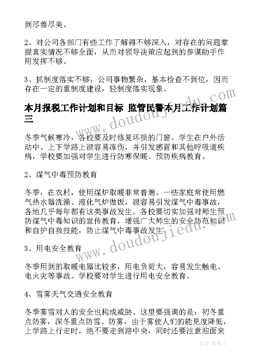 最新本月报税工作计划和目标 监管民警本月工作计划(精选7篇)