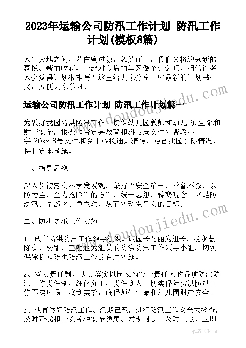 2023年运输公司防汛工作计划 防汛工作计划(模板8篇)