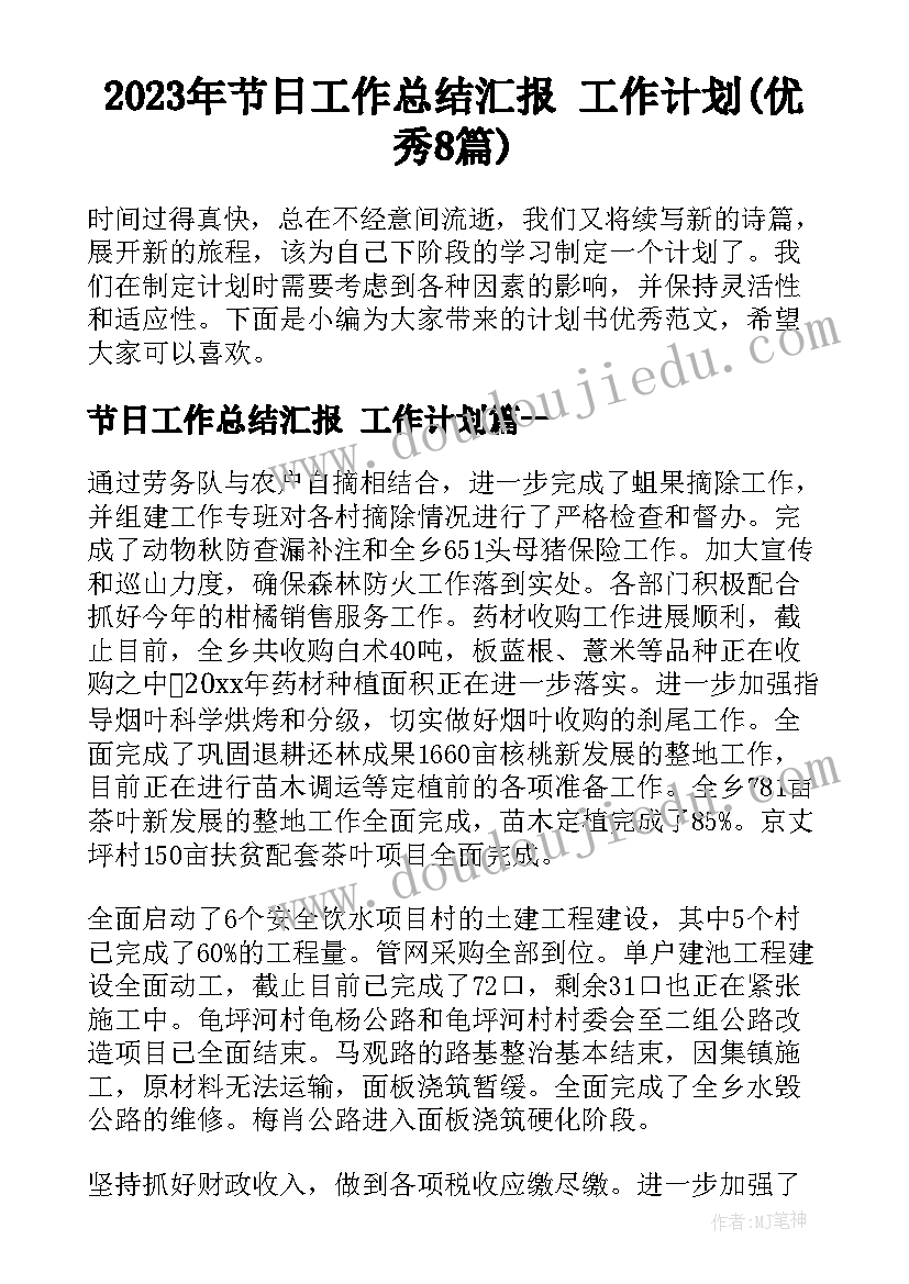 2023年节日工作总结汇报 工作计划(优秀8篇)