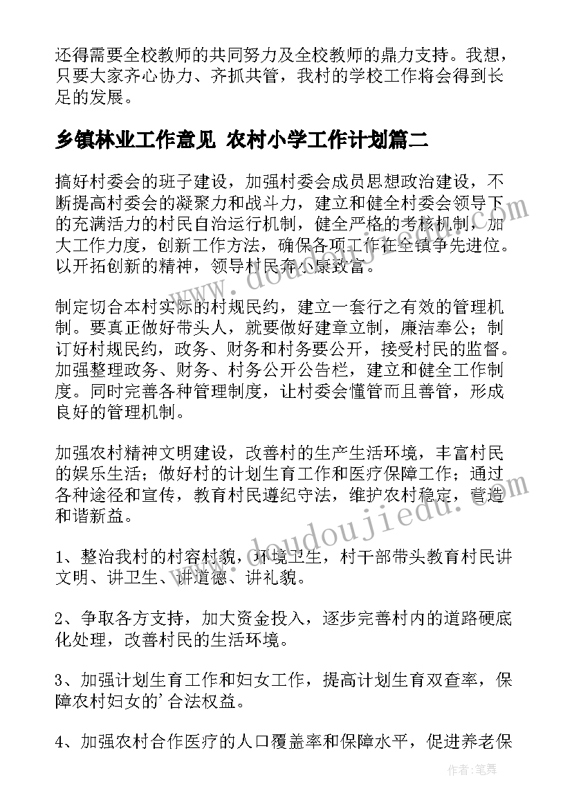 乡镇林业工作意见 农村小学工作计划(模板8篇)