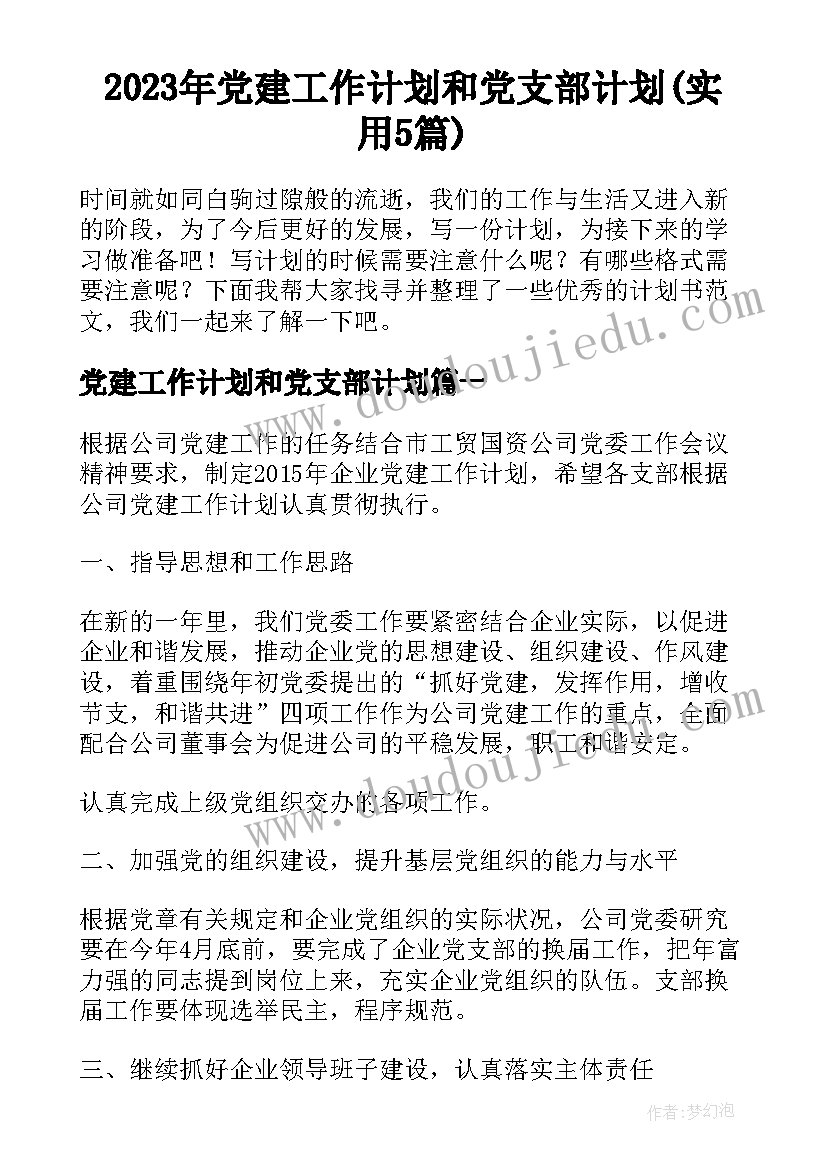 2023年党建工作计划和党支部计划(实用5篇)