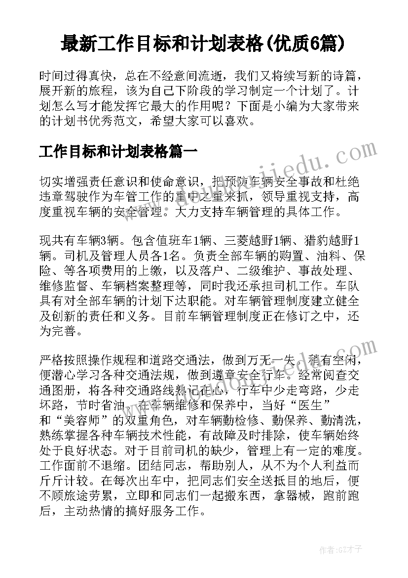 最新工作目标和计划表格(优质6篇)