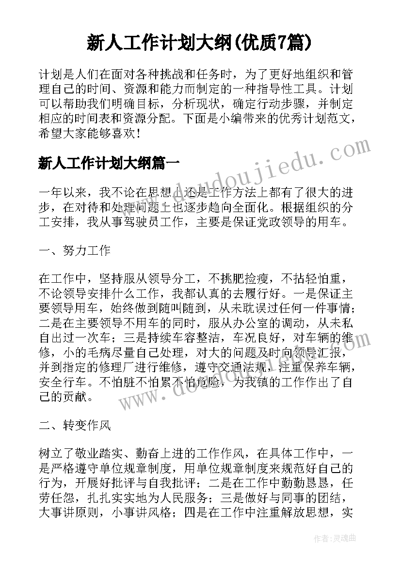 新人工作计划大纲(优质7篇)