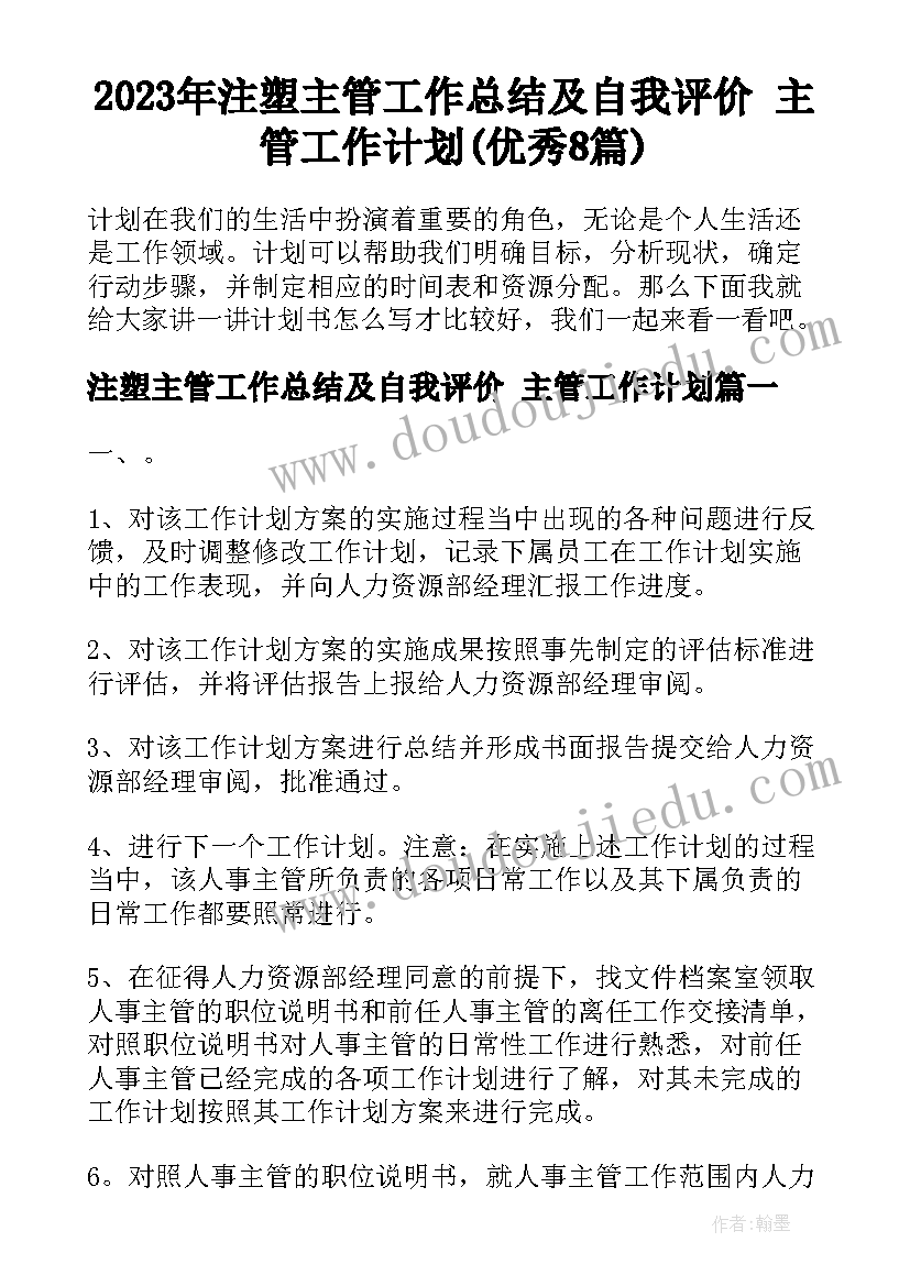 2023年注塑主管工作总结及自我评价 主管工作计划(优秀8篇)