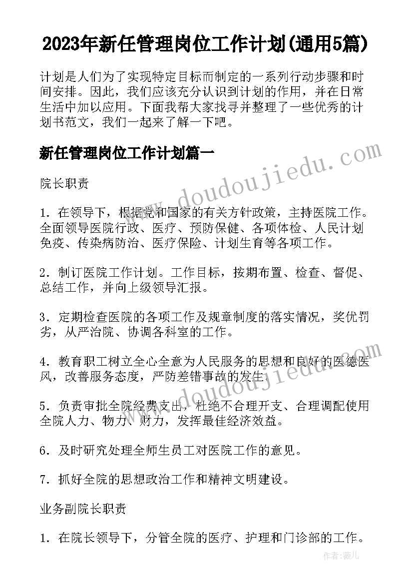 2023年新任管理岗位工作计划(通用5篇)