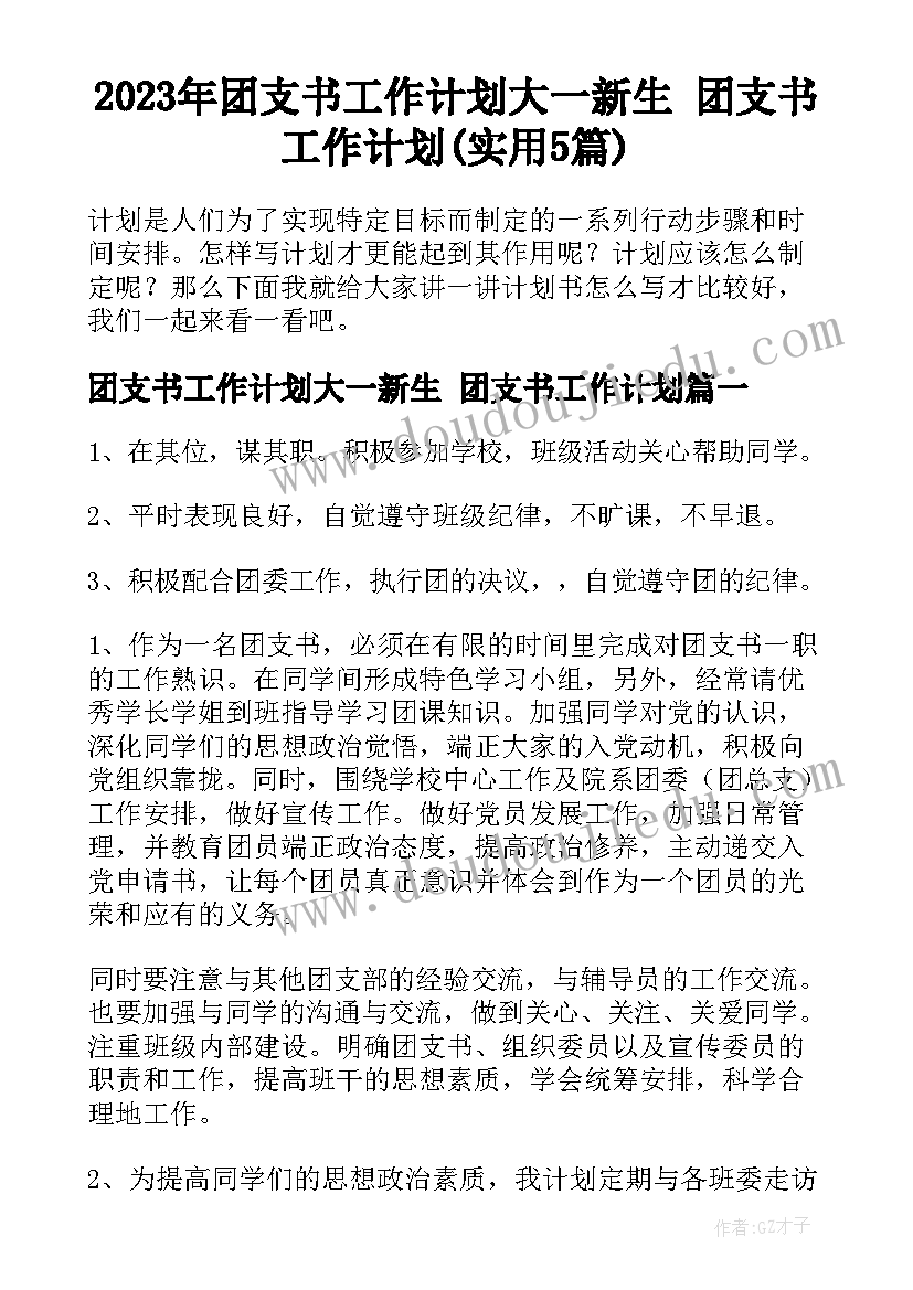 2023年团支书工作计划大一新生 团支书工作计划(实用5篇)