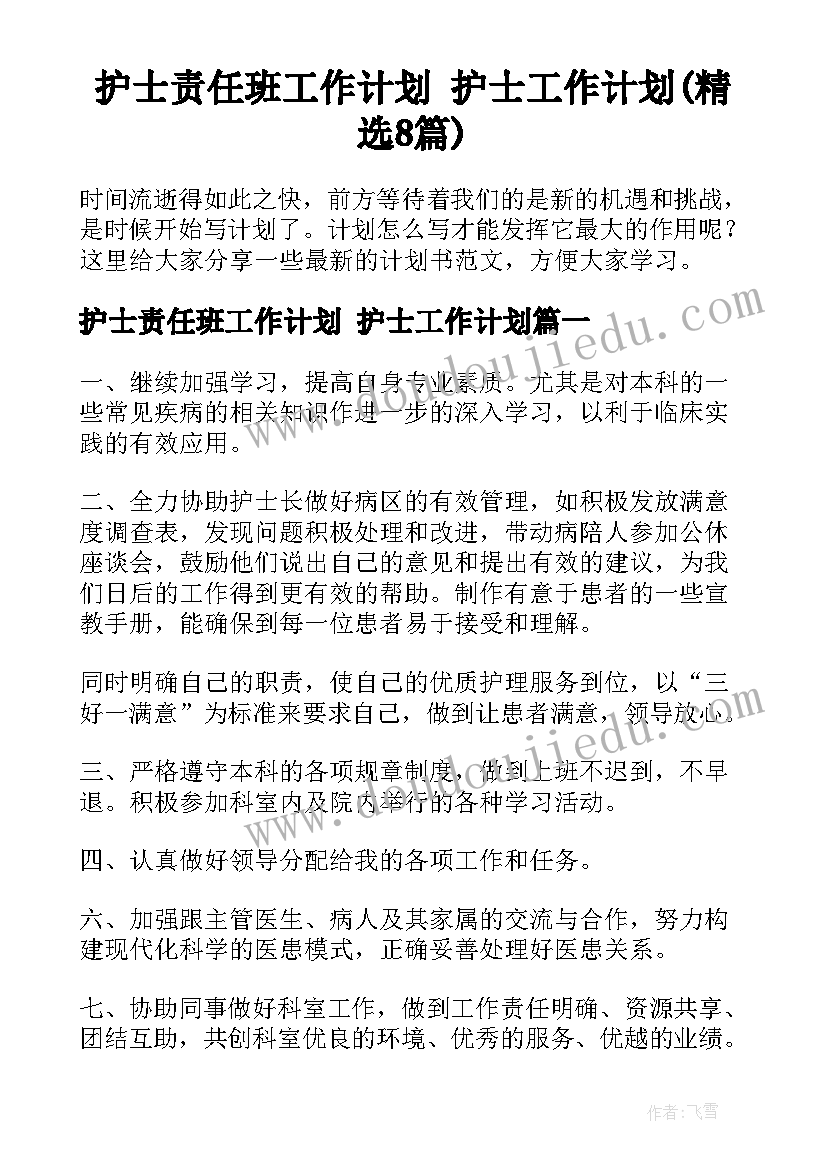 护士责任班工作计划 护士工作计划(精选8篇)