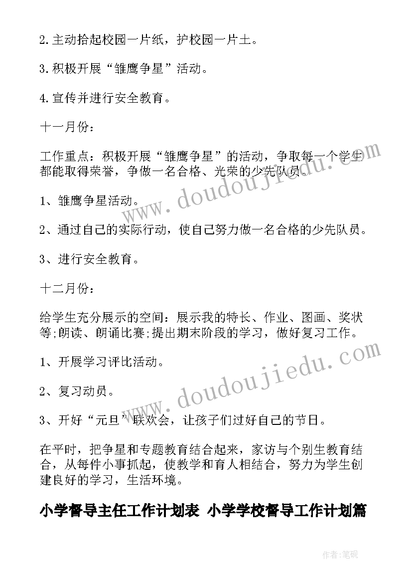 小学督导主任工作计划表 小学学校督导工作计划(汇总8篇)