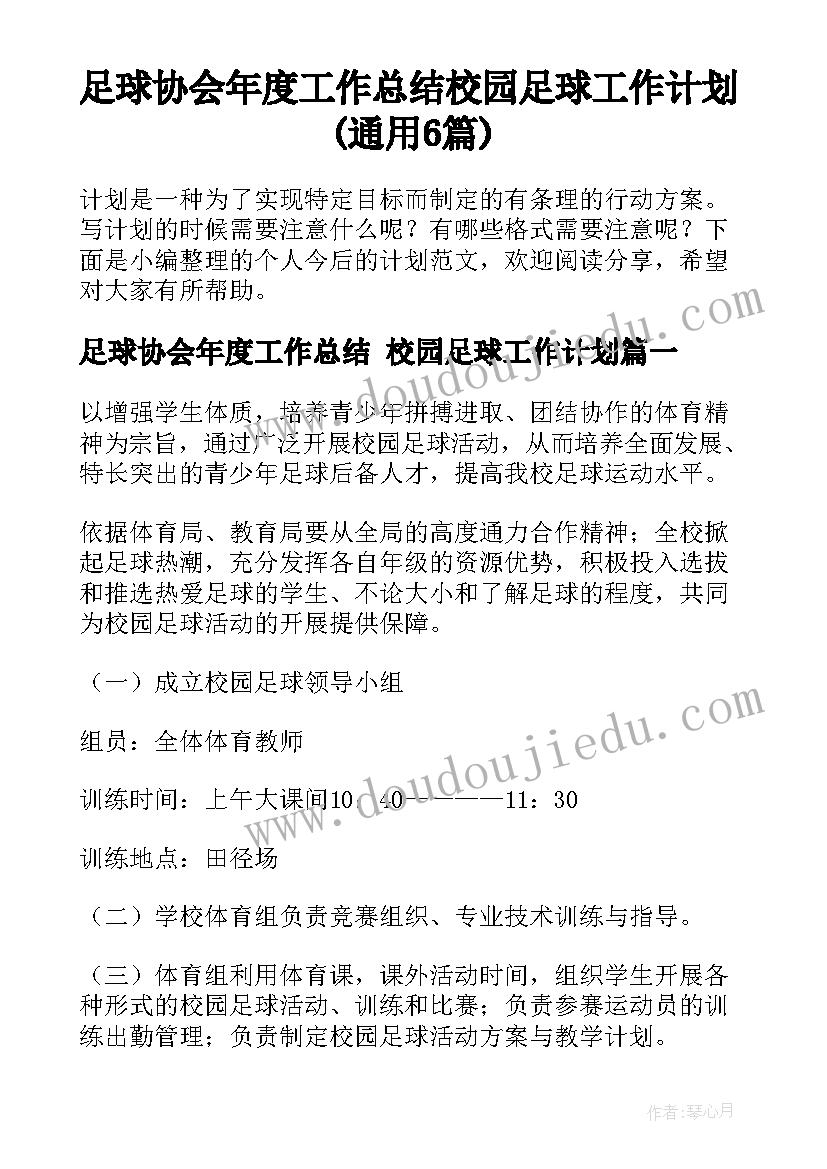 足球协会年度工作总结 校园足球工作计划(通用6篇)