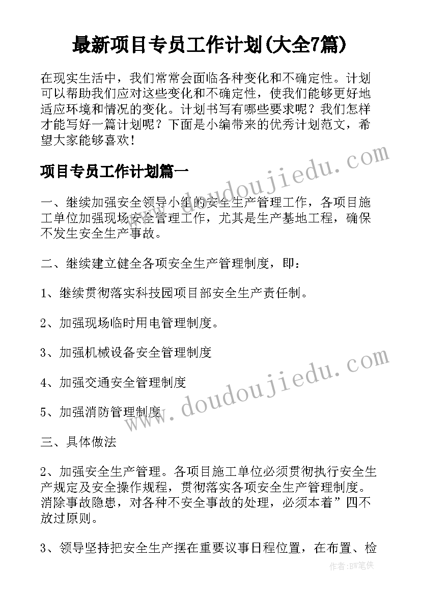 最新项目专员工作计划(大全7篇)