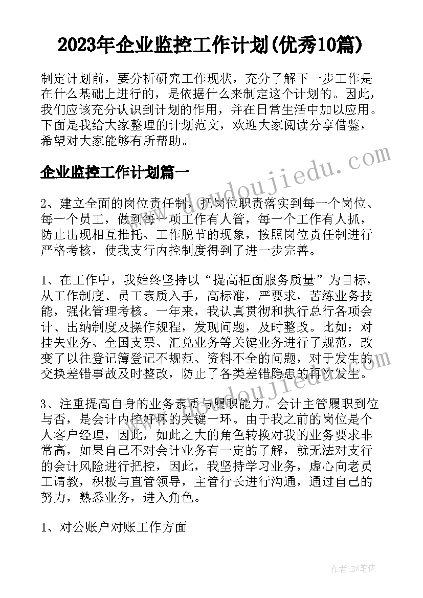 2023年企业监控工作计划(优秀10篇)