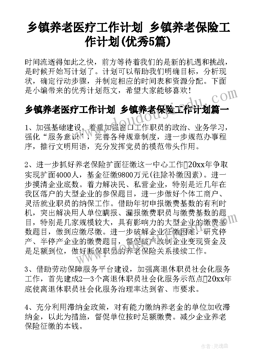 乡镇养老医疗工作计划 乡镇养老保险工作计划(优秀5篇)