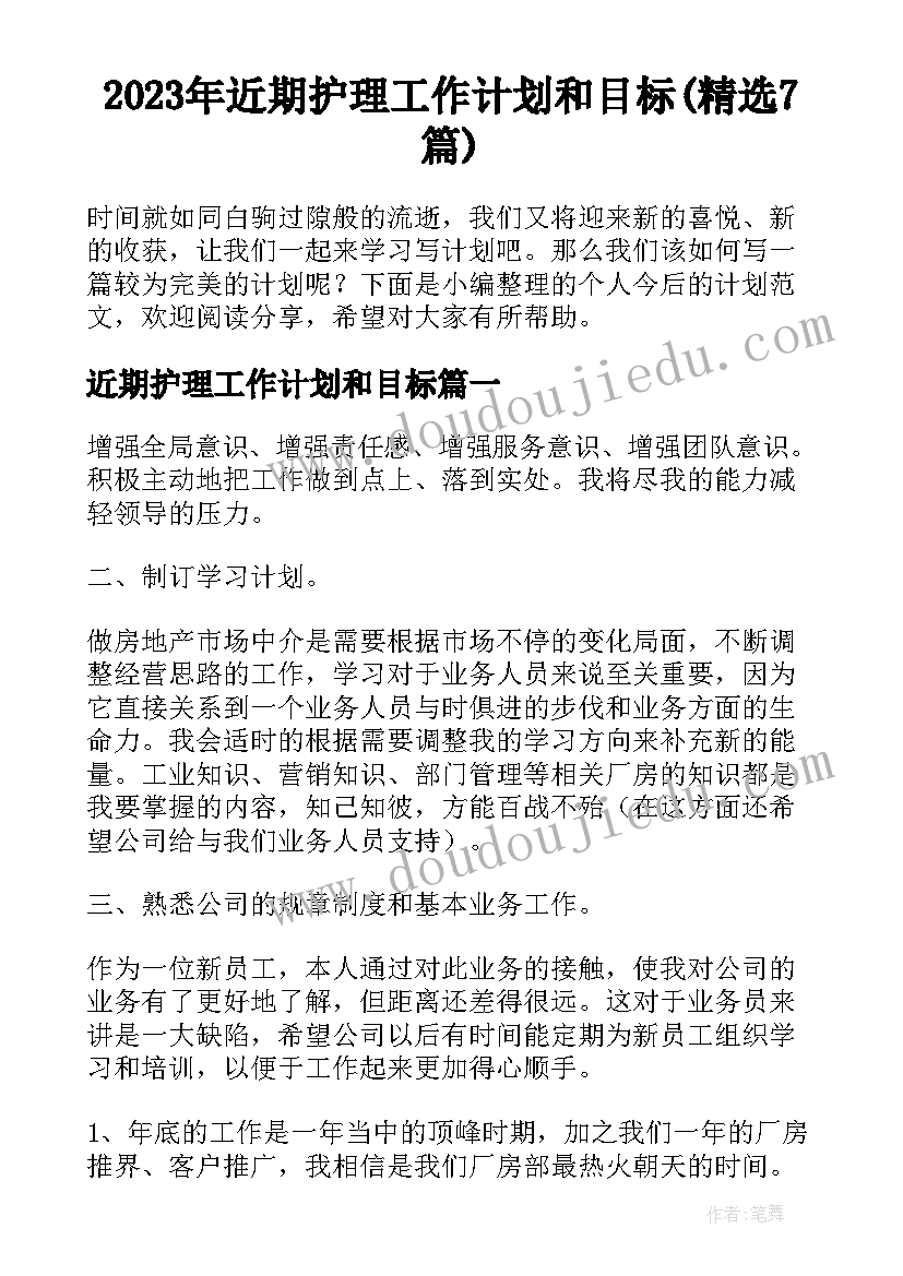 2023年近期护理工作计划和目标(精选7篇)