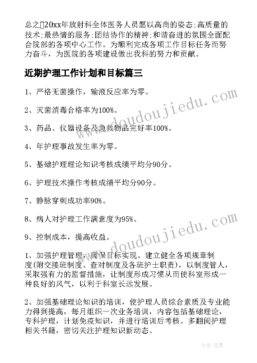 2023年近期护理工作计划和目标(精选7篇)