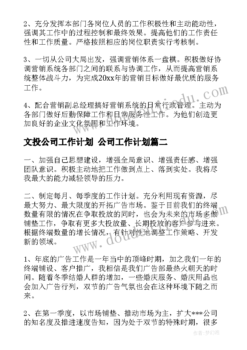 文投公司工作计划 公司工作计划(大全6篇)