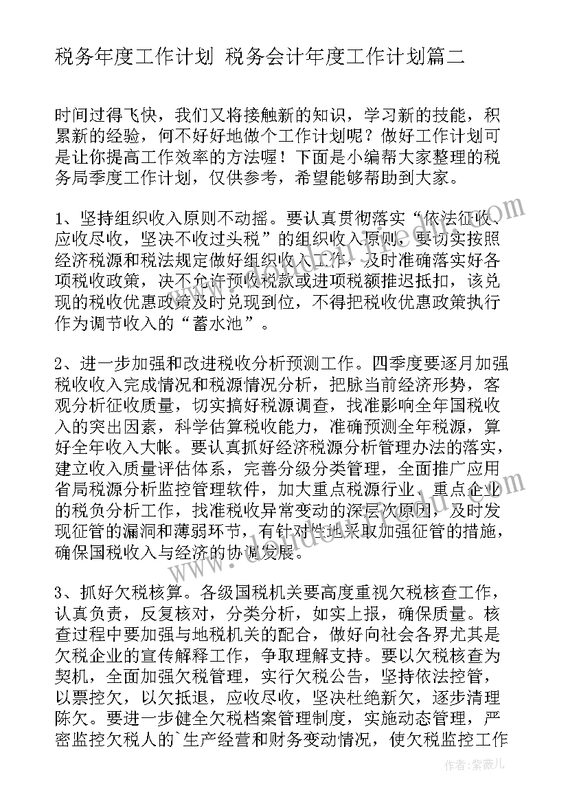 税务年度工作计划 税务会计年度工作计划(优质5篇)