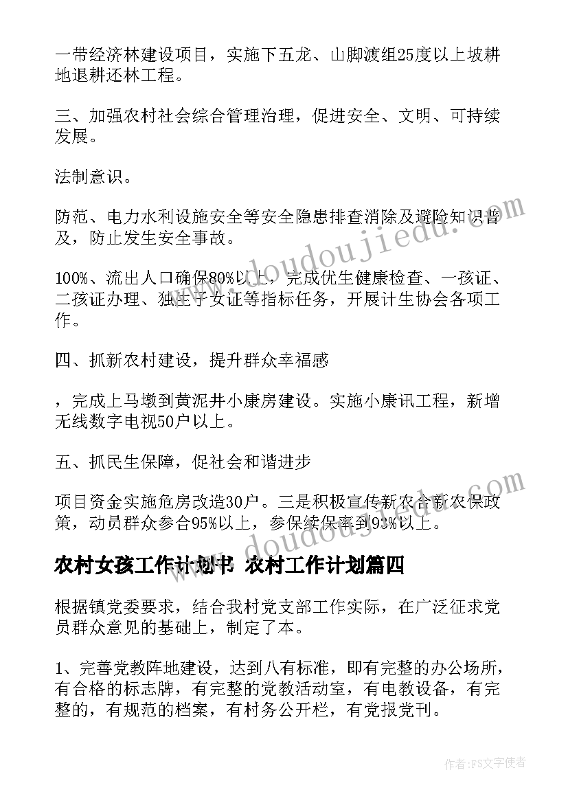 最新农村女孩工作计划书 农村工作计划(模板5篇)