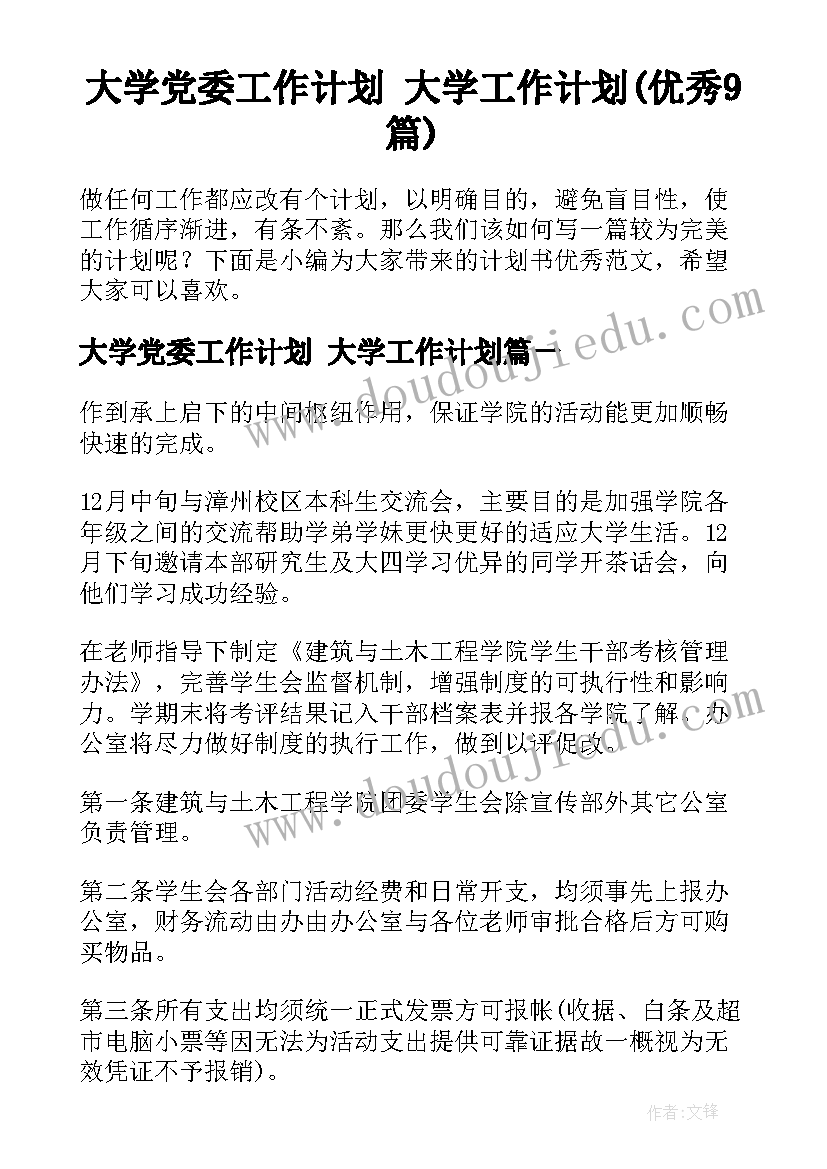 大学党委工作计划 大学工作计划(优秀9篇)