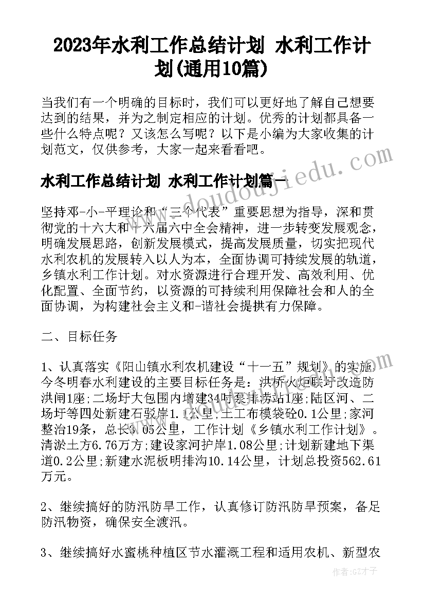 2023年水利工作总结计划 水利工作计划(通用10篇)