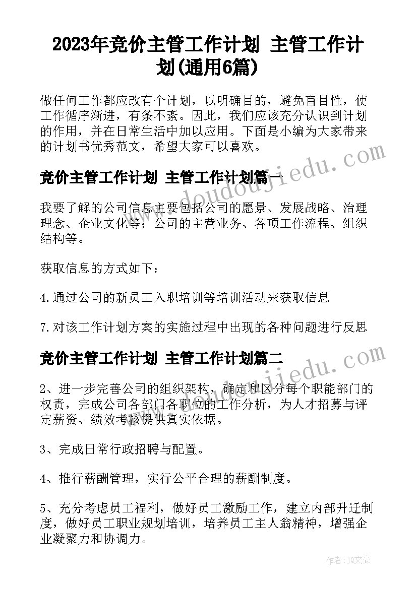 2023年竞价主管工作计划 主管工作计划(通用6篇)