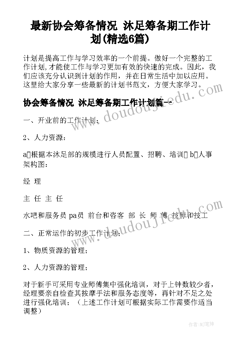 最新协会筹备情况 沐足筹备期工作计划(精选6篇)